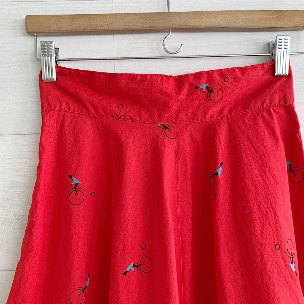 Vintage Handmade Red bicycle ruffled hem full cotton midi skirt, XS - Picture 3 of 8